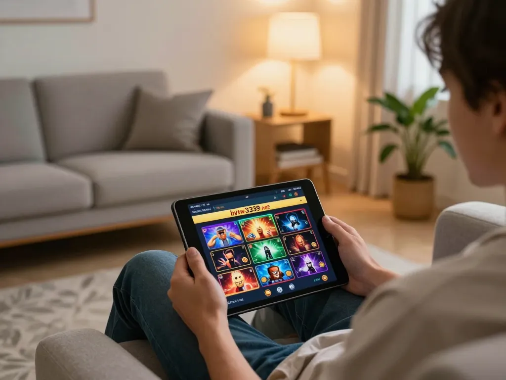 Player engaging with hytw3339net casino app on tablet in cozy home setting, showcasing secure online gaming.