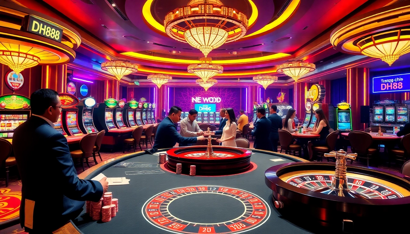 Exciting casino atmosphere highlighting the Trang chủ DH88 with vibrant tables, poker chips, and slot machines.