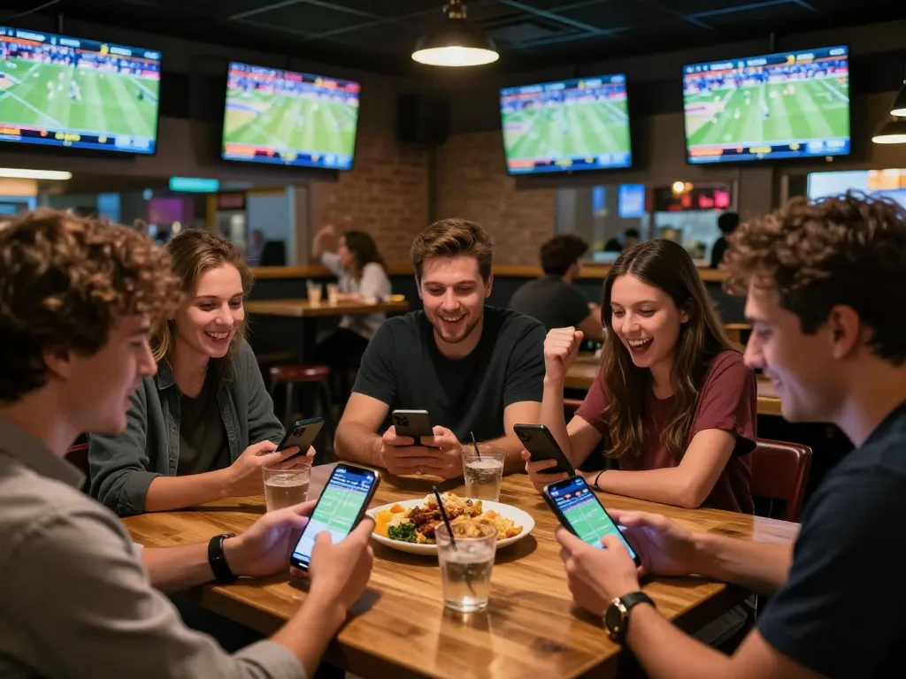 Patrons placing bets on the ALO8 app at a lively sports bar during live games.