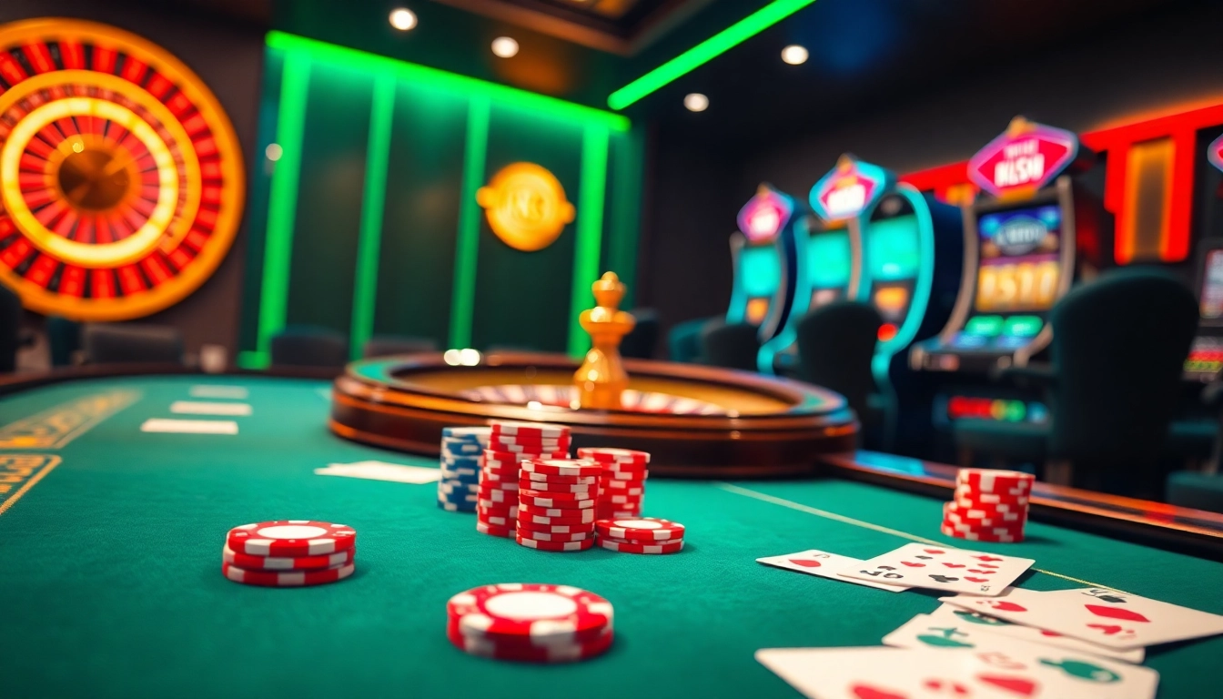 KK55 casino table setup with colorful chips and excited players enjoying roulette and poker.