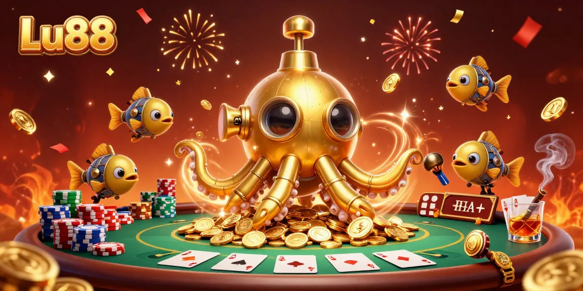 Experience thrills at Lu88 with a kraken submarine and vibrant gaming atmosphere.