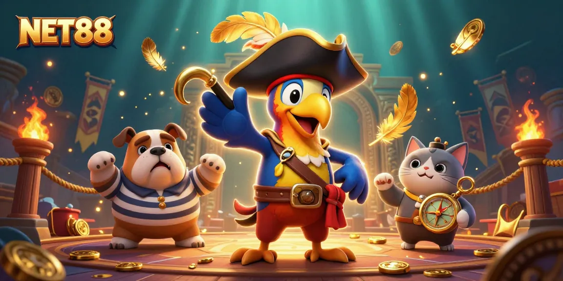 NET88 casino adventure with a pirate captain, bulldog, and cat, surrounded by tokens and a dramatic arena.