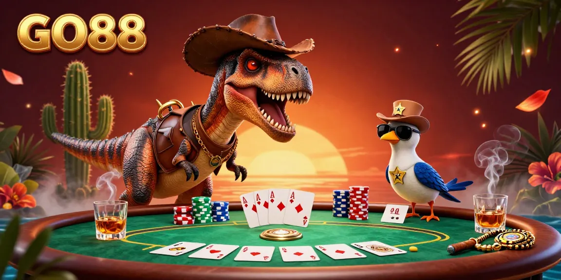 Engage in thrilling poker action at GO88's vibrant table with colorful chips and the adventurous cowboy dinosaur.