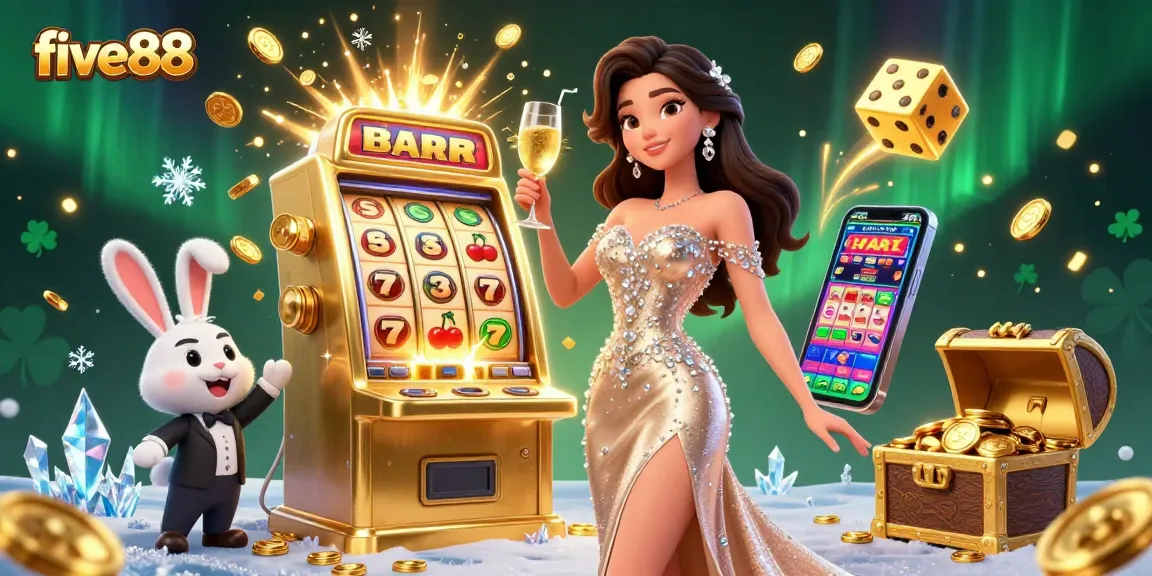 Experience the excitement of five88 with a dazzling 3D illustration of a jackpot celebration at a casino.