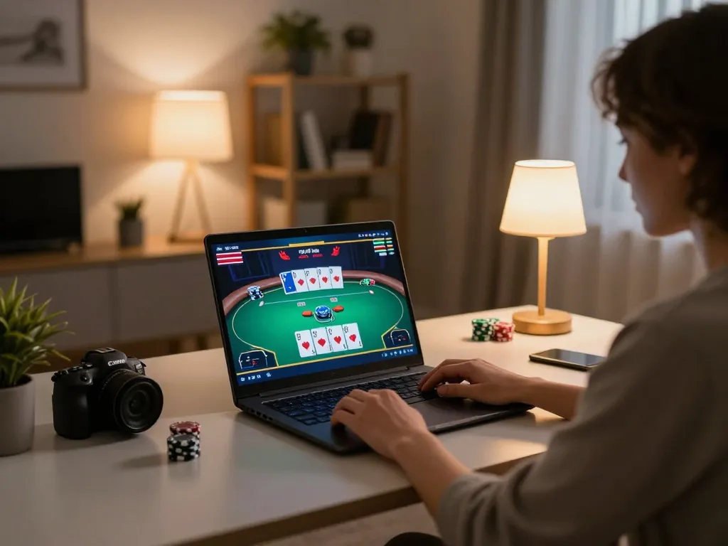 Player enjoying online poker at home, engaging with f168's exciting gaming interface