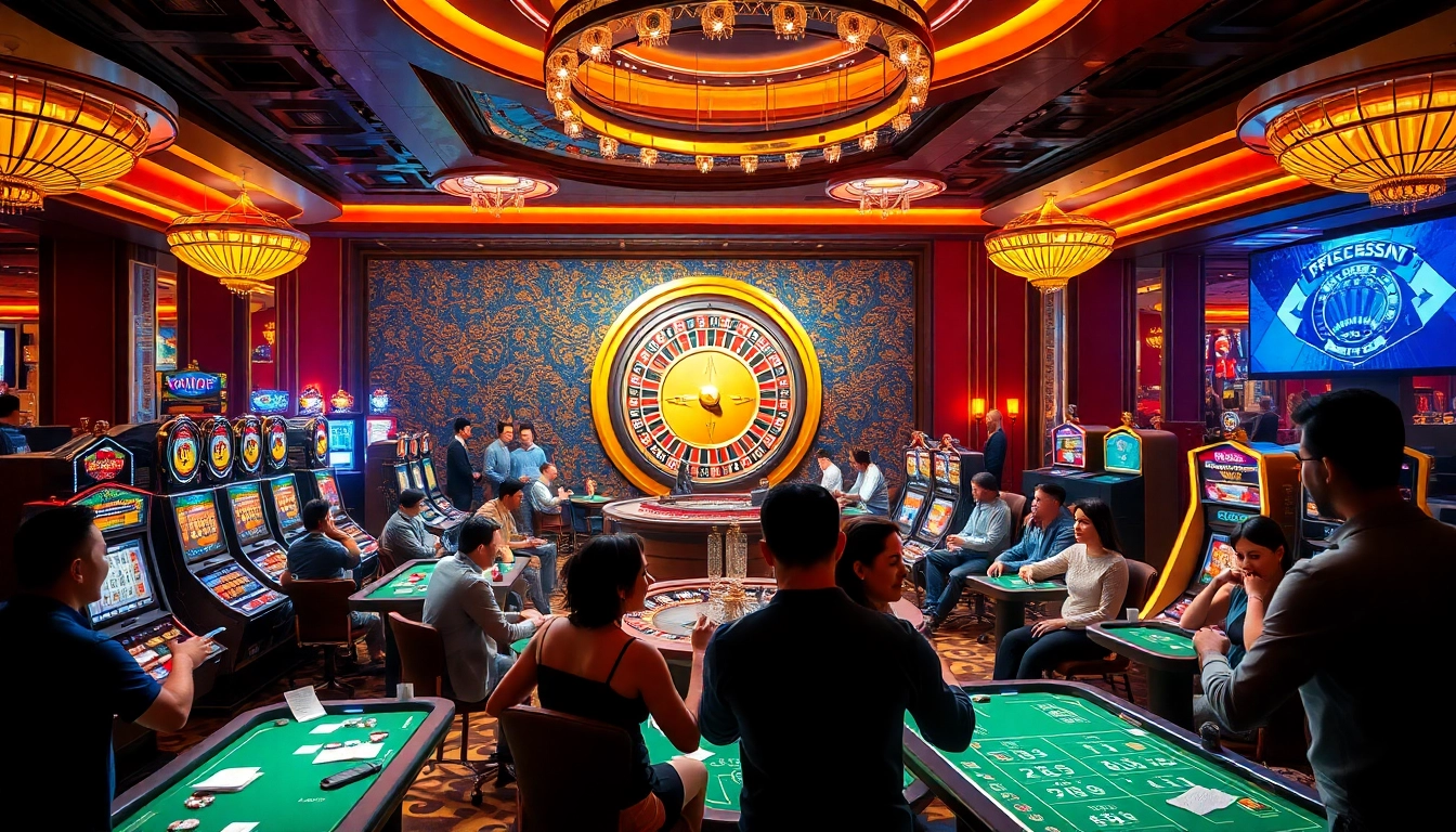 ABC8 players enjoy exciting casino games in a luxurious setting with vibrant slot machines.