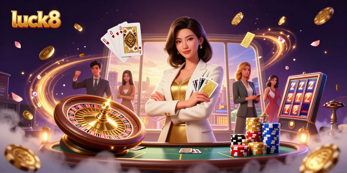 Experience excitement at luck8 casino with a glamorous Asian woman showcasing her winning golden cards.