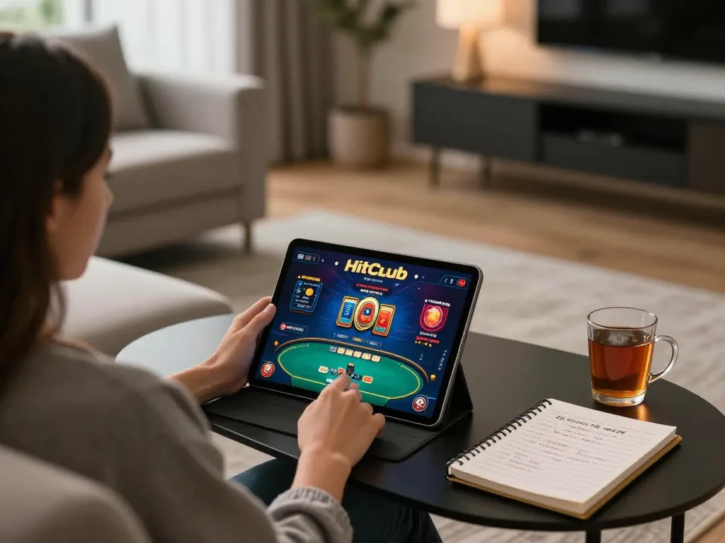 Player enjoying online gaming at home through Hitclub on a tablet, displaying poker interface and betting strategies.