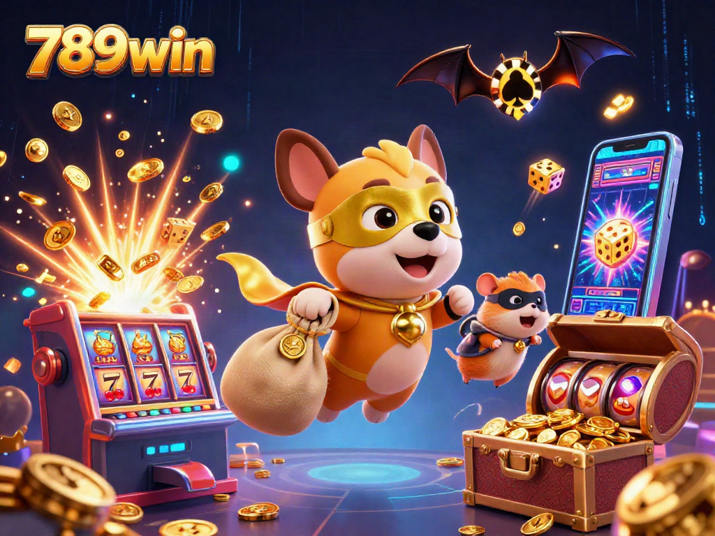 Engage in exciting gameplay with 789win's vibrant casino scene, featuring a superhero dog, slot machines, and dynamic action.