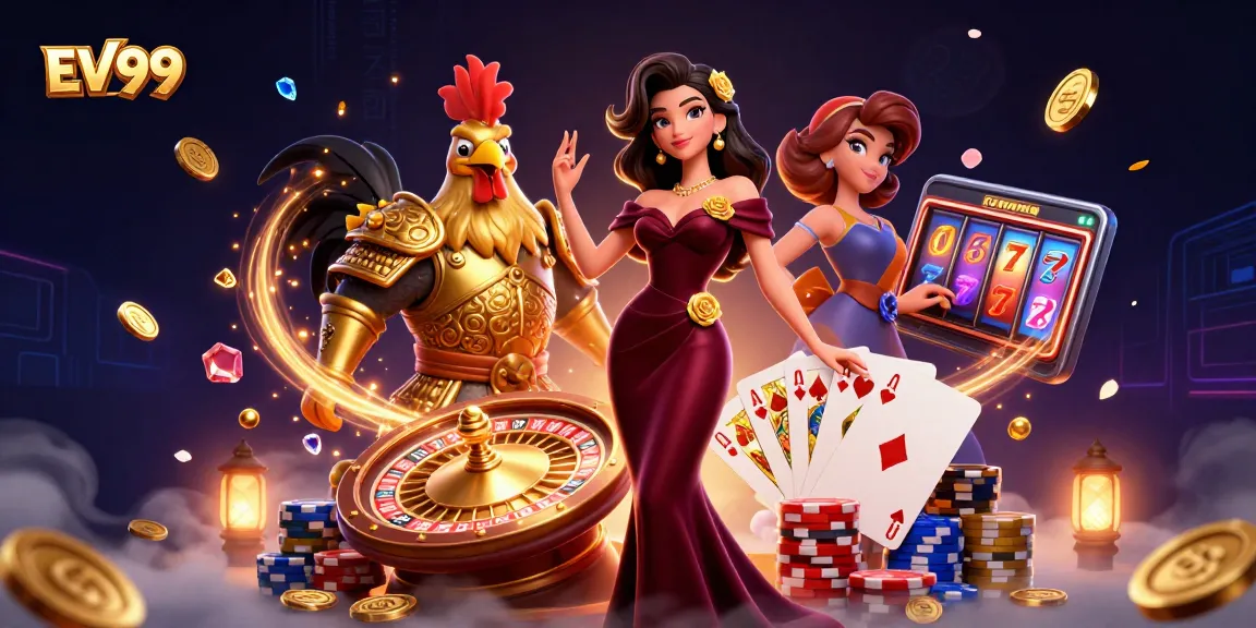 Experience the excitement of EV99 with vibrant casino elements and captivating characters.