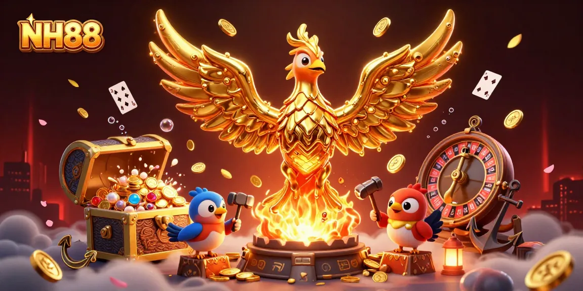 Experience the golden thrill of NH88 where a phoenix emerges amidst casino treasures and vibrant gameplay.