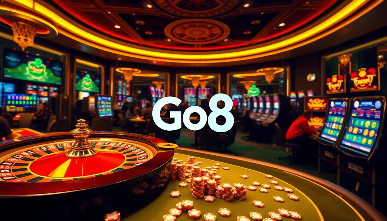 Go8 online casino players celebrate wins at vibrant gaming tables with roulette and poker chips.