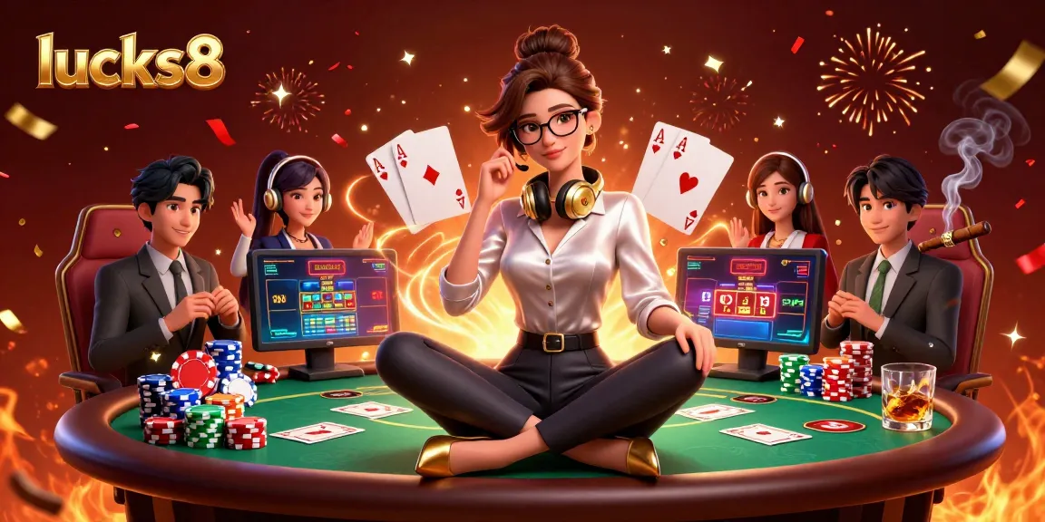 Experience the thrilling gaming action at lucks8 with a vibrant casino scene filled with poker elements.