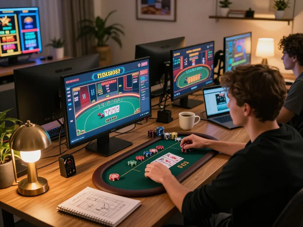 Player engaging with qq88 online casino games in a cozy home setup with multiple screens displaying casino action.