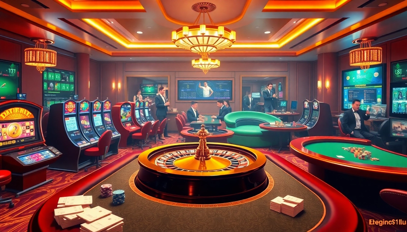 Experience the thrill of Trang chủ 11uu with an elegant online gambling scene showcasing gaming tables and vibrant slot machines.