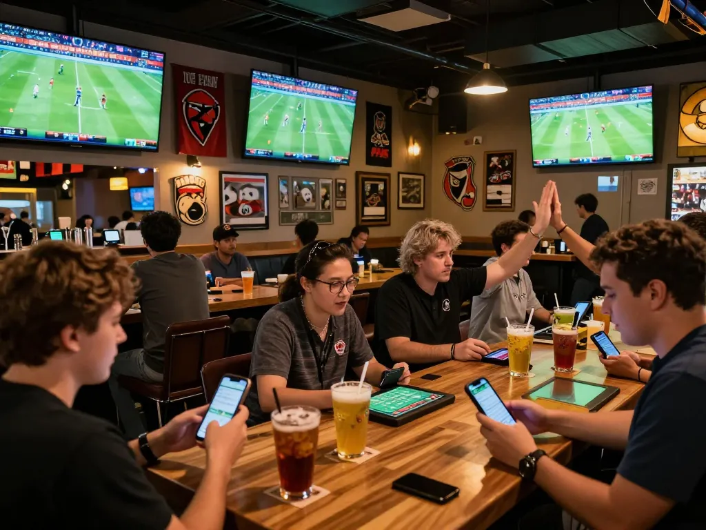 Engaged patrons actively placing bets using smartphones at a lively sports bar, representing ty-le-keo.