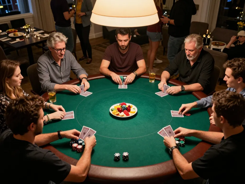 lu88 players enjoying a lively poker game with drinks and snacks around the table