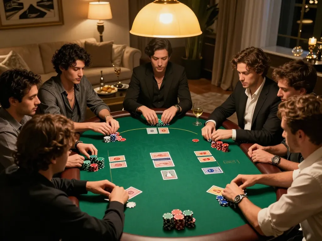 F8BET players engaging in a warm poker night, strategizing with chips and cards in cozy atmosphere.