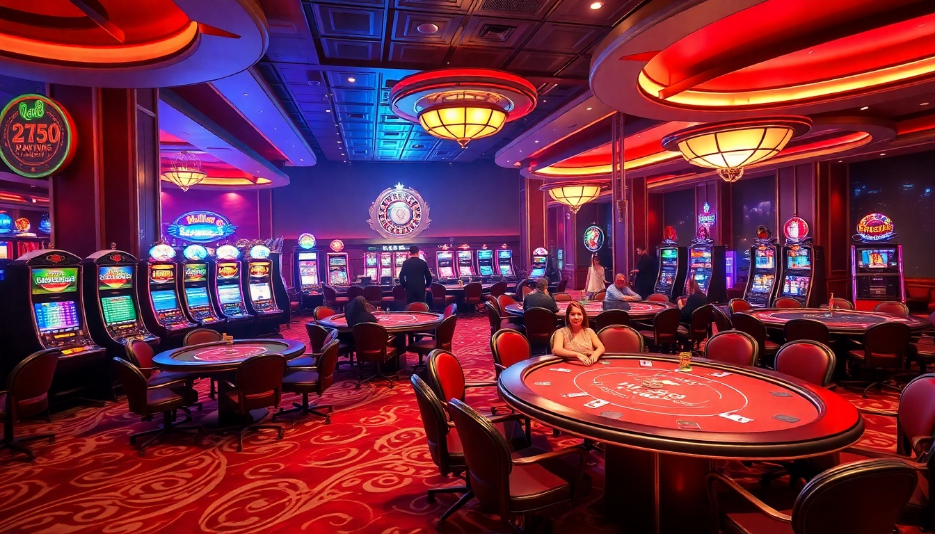 Experience excitement at Hello88's vibrant casino gaming scene with poker tables and slot machines.