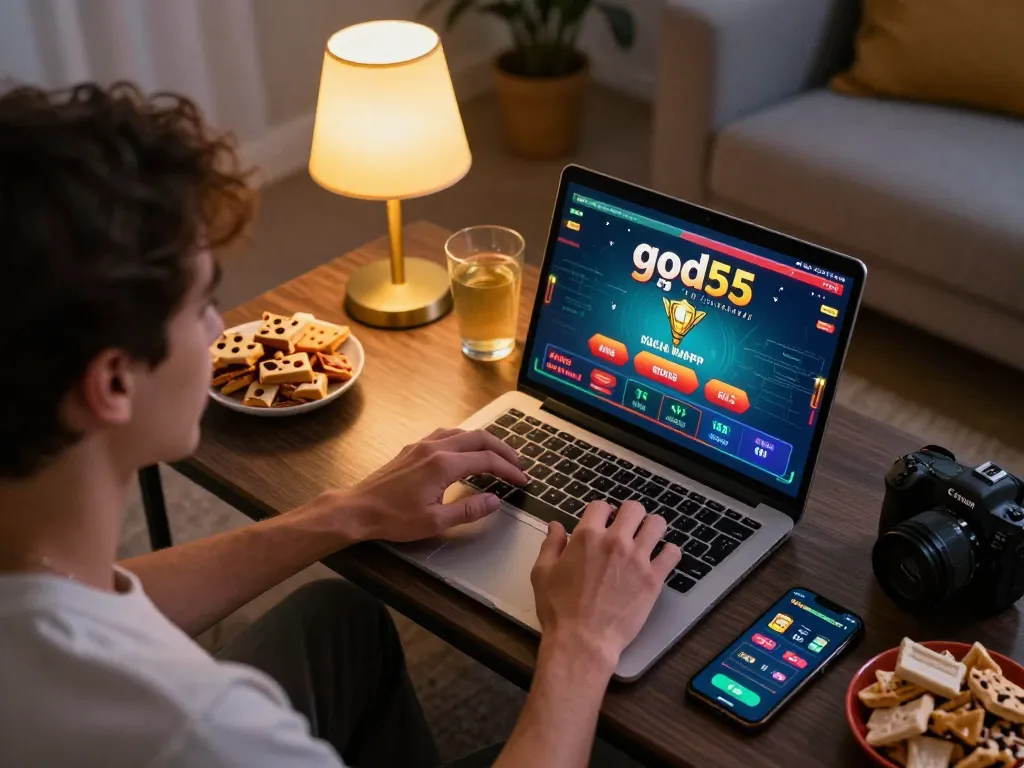 Engaged player enjoying god55 casino app in cozy home setting, placing bets on live game.