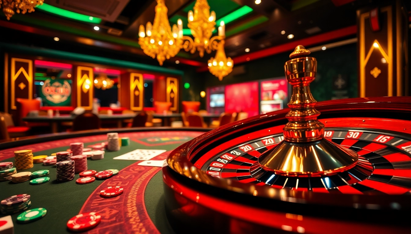 Experience high-stakes action at okfun casino with vibrant cards, chips, and a thrilling roulette wheel.