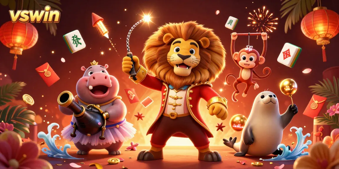 Experience the vibrant vswin gaming world with 3D circus characters amid dazzling casino elements.