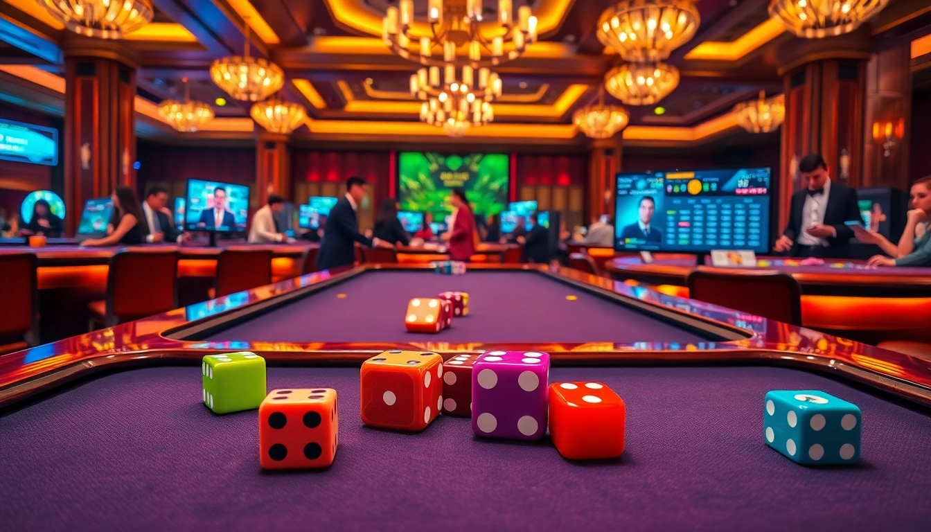 Xóc đĩa online players engaging in vibrant casino gameplay with modern interfaces and dice.