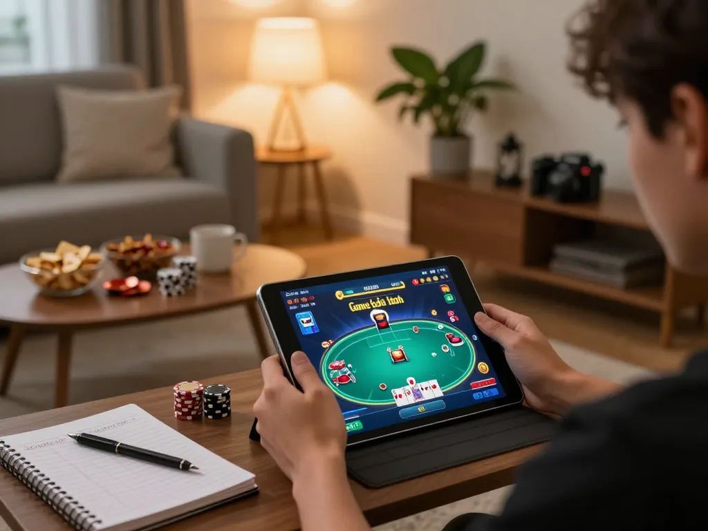 Engaging scene of a player immersed in Game bài đổi thưởng on a tablet, highlighting the excitement of online gambling.