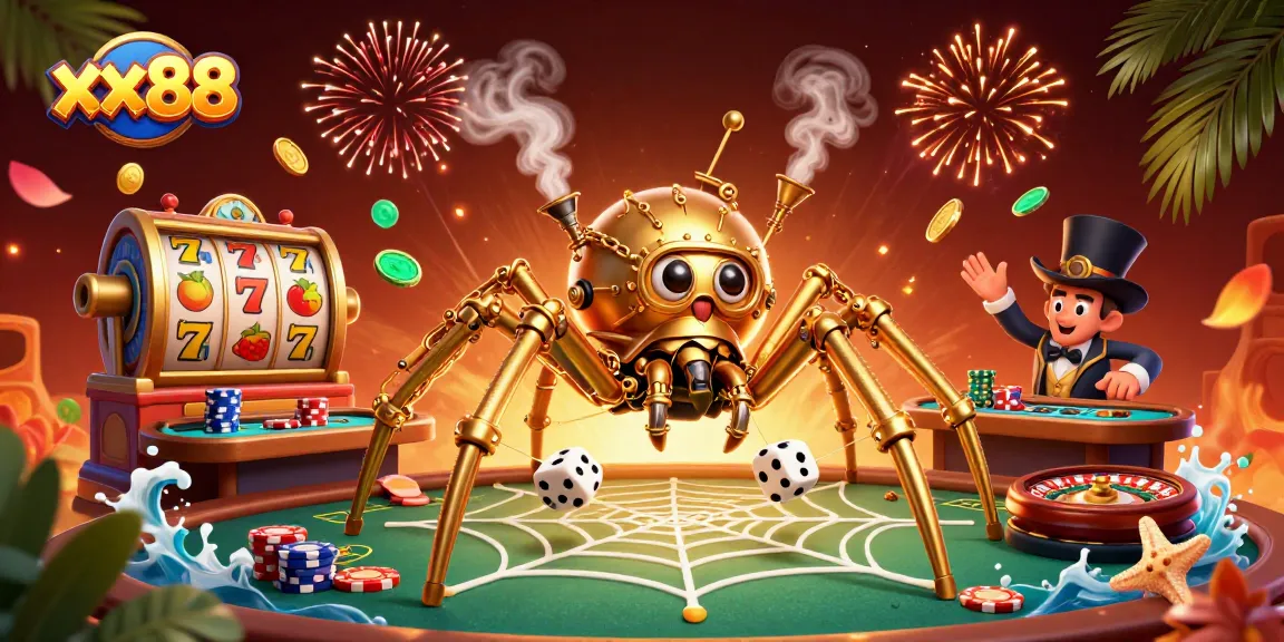Experience the thrill of xx88 as a steampunk spider weaves a web of luck in this vibrant casino scene.