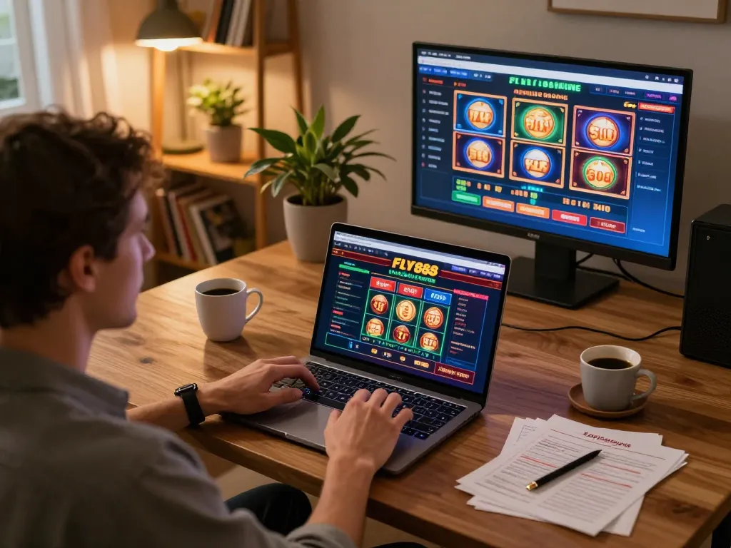 Engaged player using the FLY88 online casino platform during a gaming session at home, surrounded by strategy notes and warm lighting.