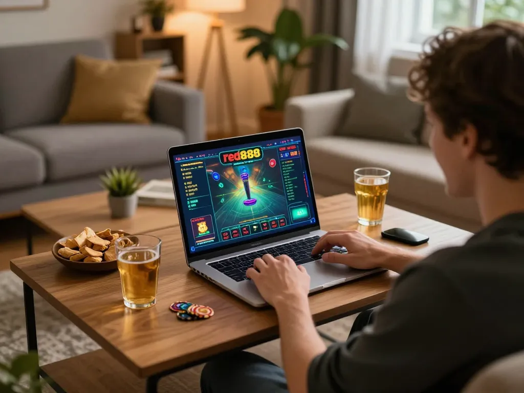 Person playing red888 online casino game on laptop in a cozy living room.