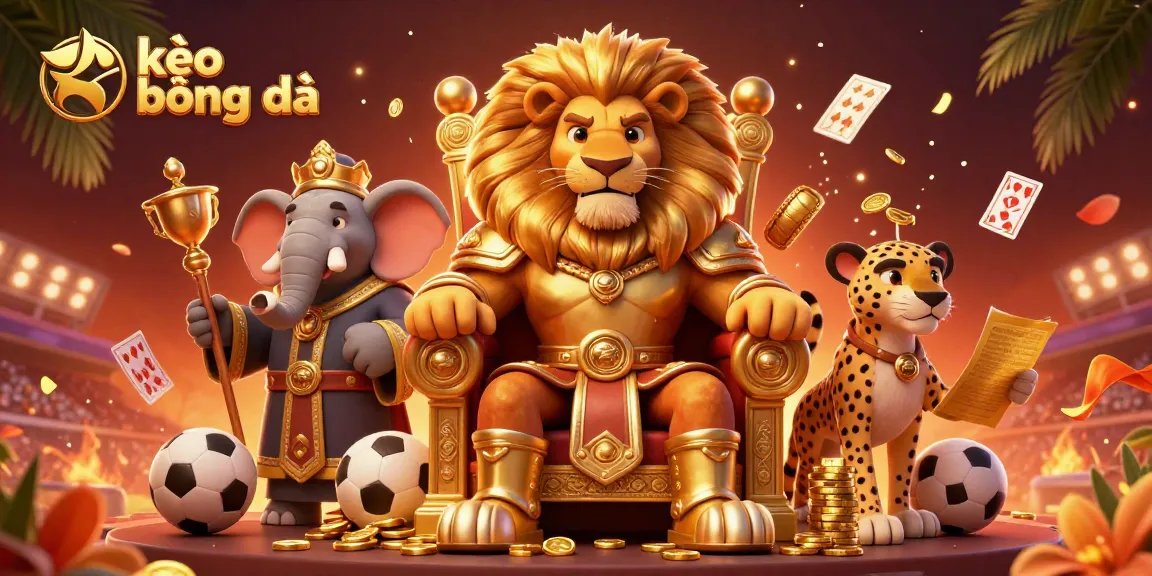 Experience the dynamics of kèo bóng đá with this vibrant 3D scene featuring a lion king, wise elephant, and cheetah amidst immersive sports elements.