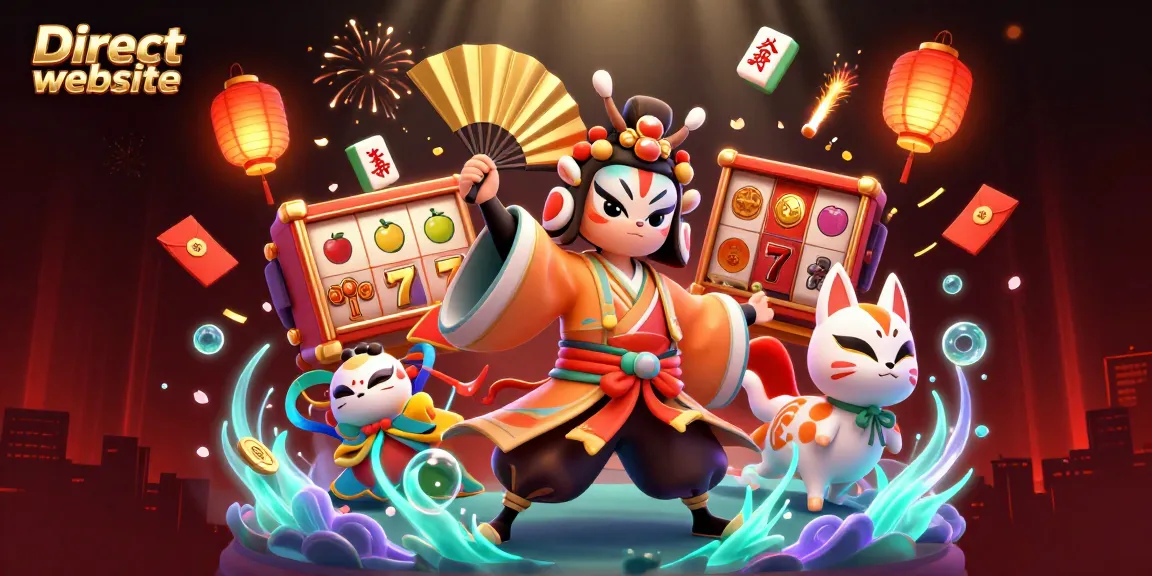 Experience thrilling slots on Direct website with a kabuki warrior and vibrant casino elements.