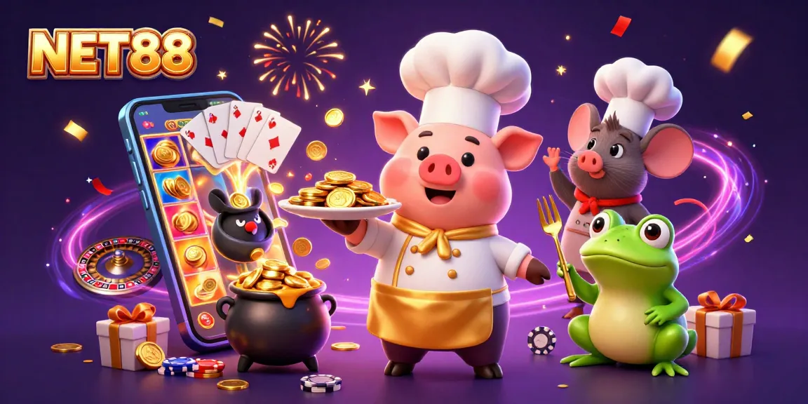 NET88 showcases a vibrant casino scene featuring cartoon characters serving gold coins amid slot games.