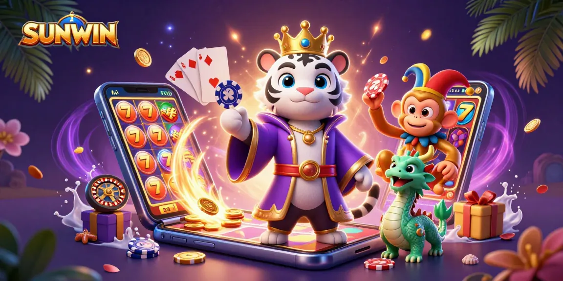 Experience thrilling slot action with SUNWIN's vibrant 3D casino illustration showcasing a playful tiger and monkey.