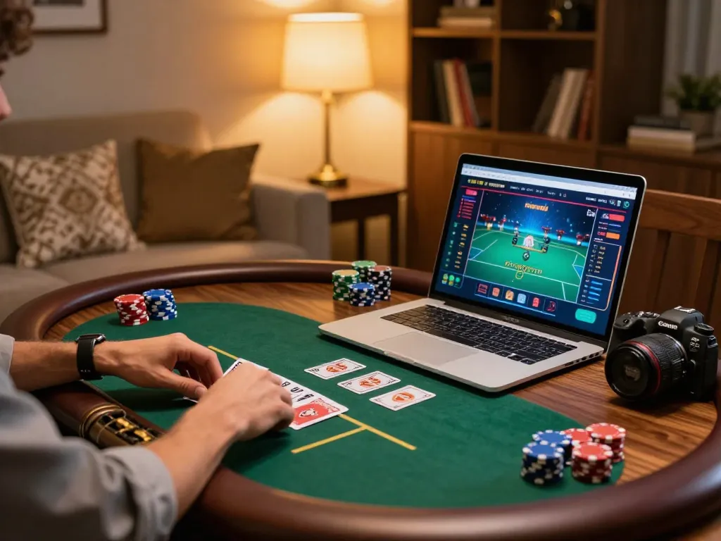88vvgo online gaming session with player managing poker chips and virtual game interface in cozy home.