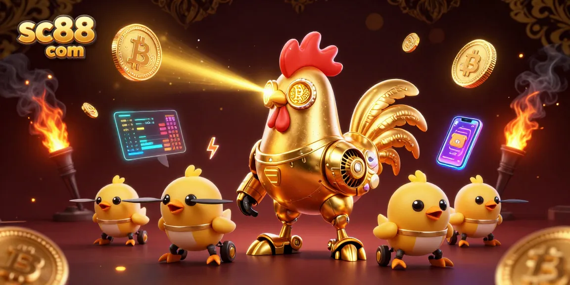 Experience thrilling gameplay with sc88 com's golden rooster robot leading the way in a futuristic casino environment.
