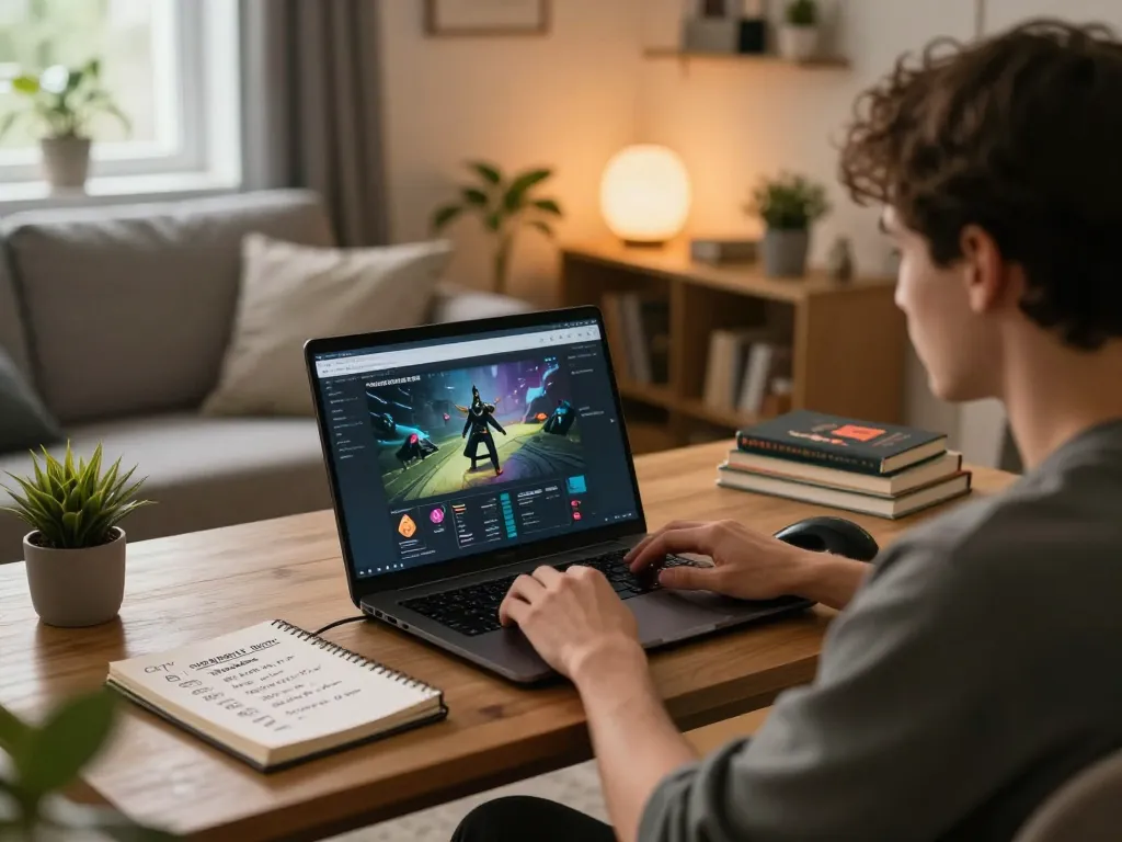 Engaging with the NK88 online casino platform in a cozy home setting, highlighting responsible gaming atmosphere.