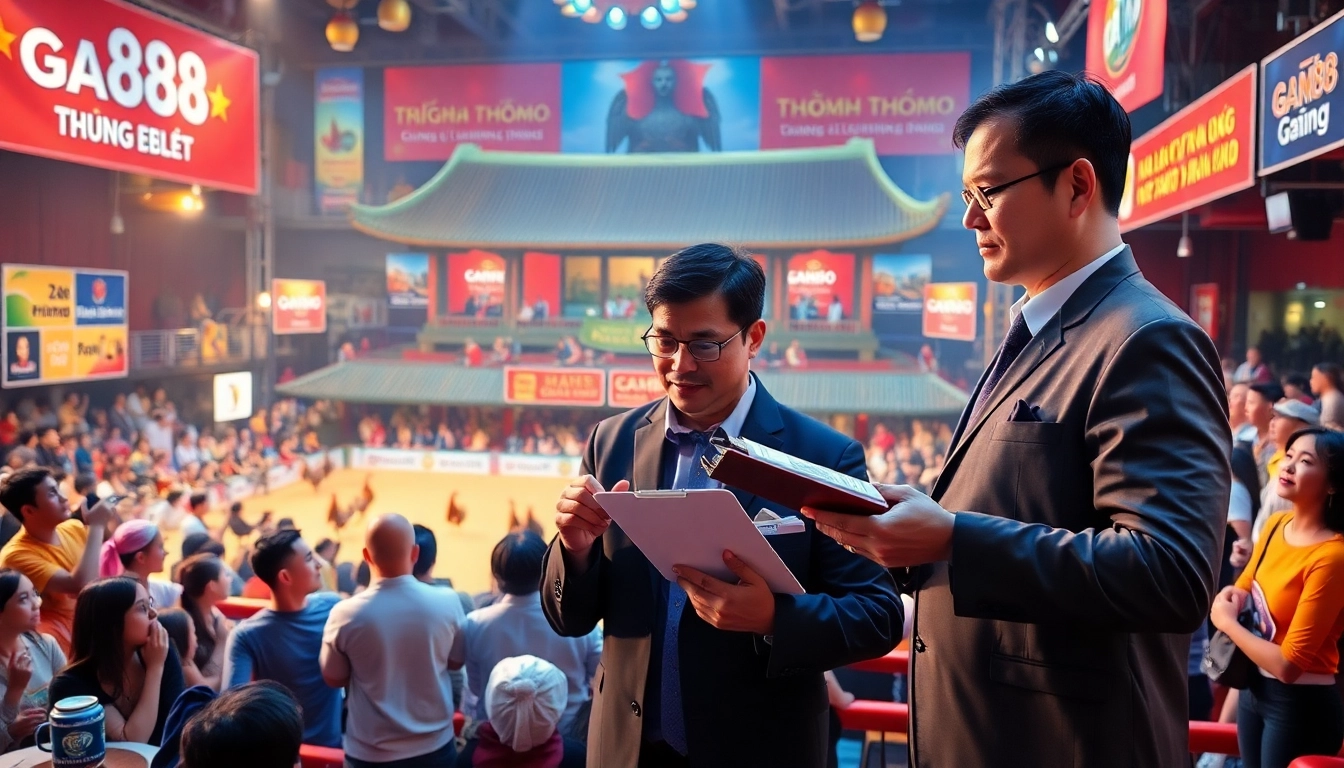 Engaged fans enjoying Trường gà Thomo GA888 cockfighting while placing bets amidst vibrant excitement.