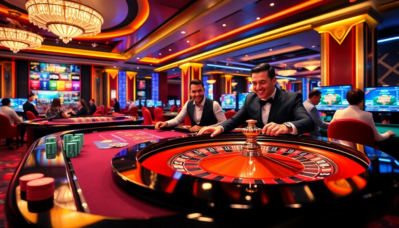 Experience high-stakes gaming at https://56win.to/ featuring an elegant roulette table and vibrant casino action.