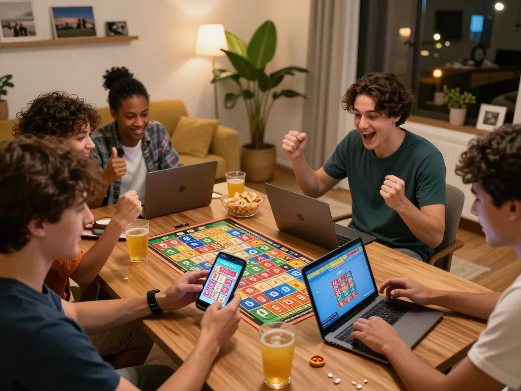 Friends celebrating while checking 9 Lotto 4D results on mobile devices in a home environment