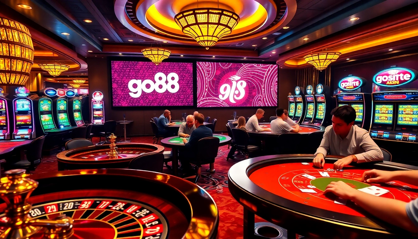 Experience the thrill of go88 with players engaging in vibrant casino games and luxurious gaming elements.