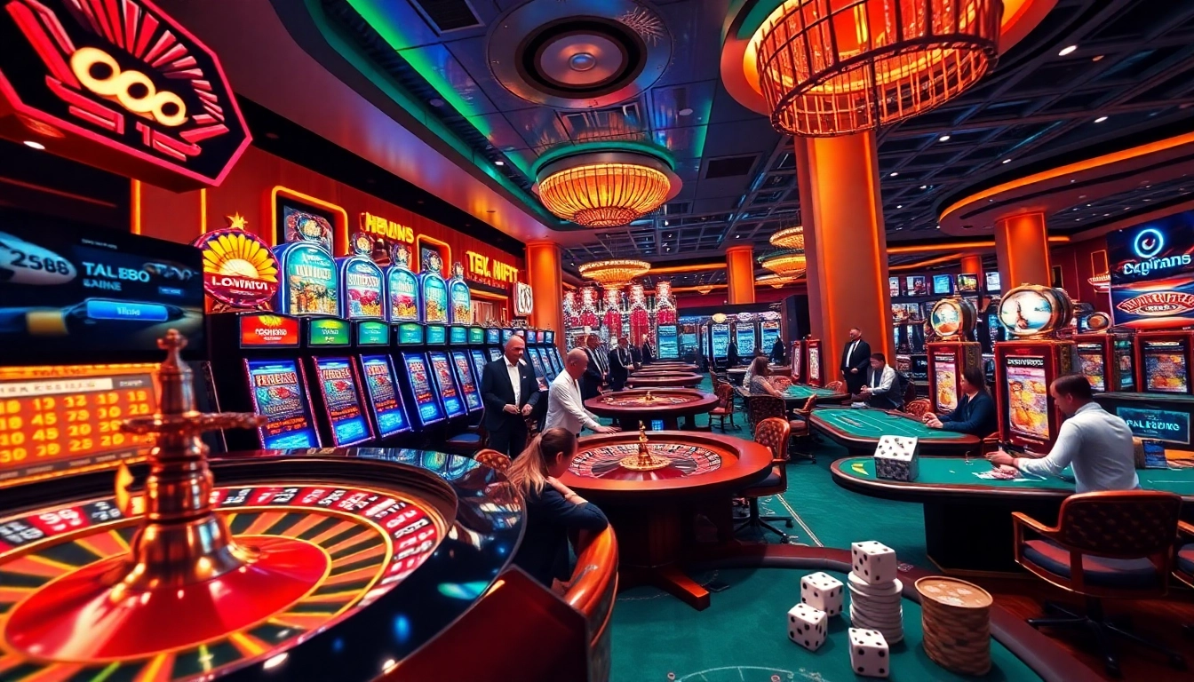 Engaging scene of players enjoying tt88 slot machines in a vibrant casino setting.