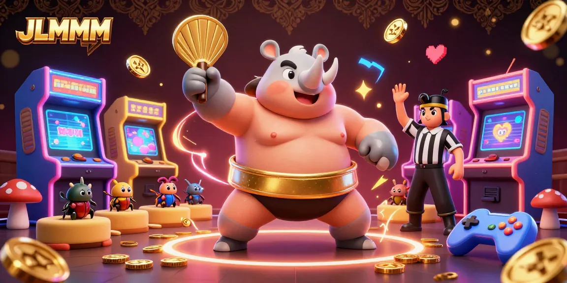 Experience thrilling action with the JLMMM beetle champion, sending coins flying in this vibrant casino scene.