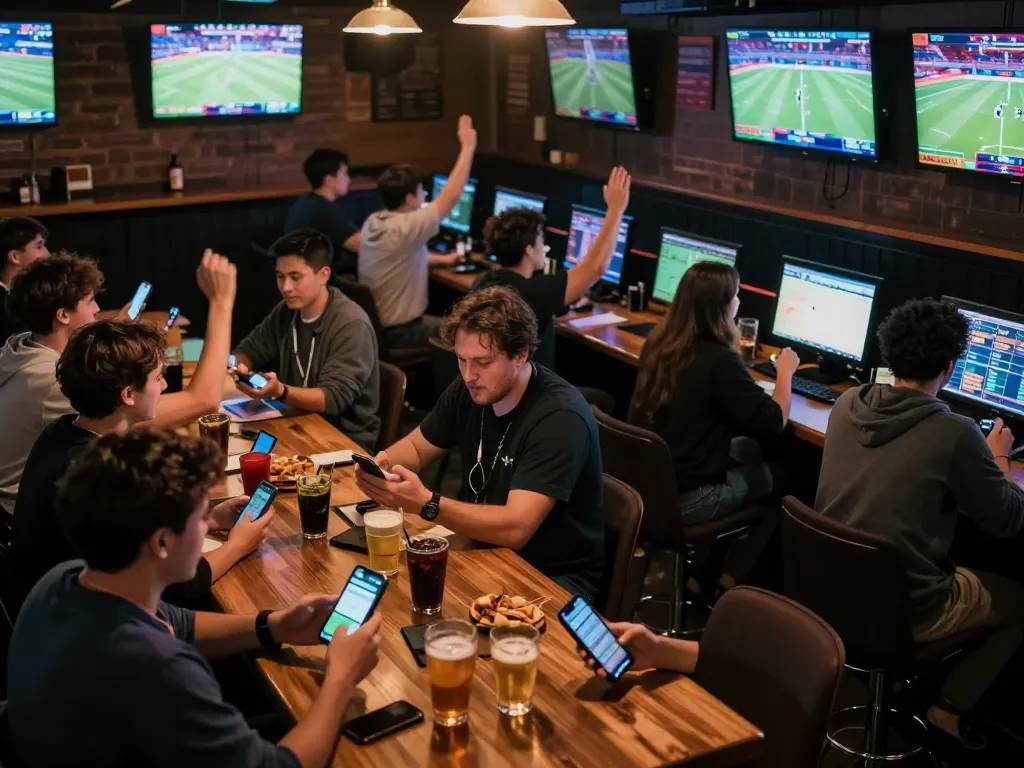 Patrons enjoying cm 88 sports betting at a sports bar, screens showing multiple games.