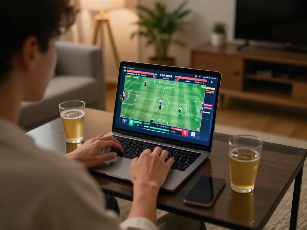 Engaging in online sports betting on laptop while analyzing odds for Ok9's best strategies.