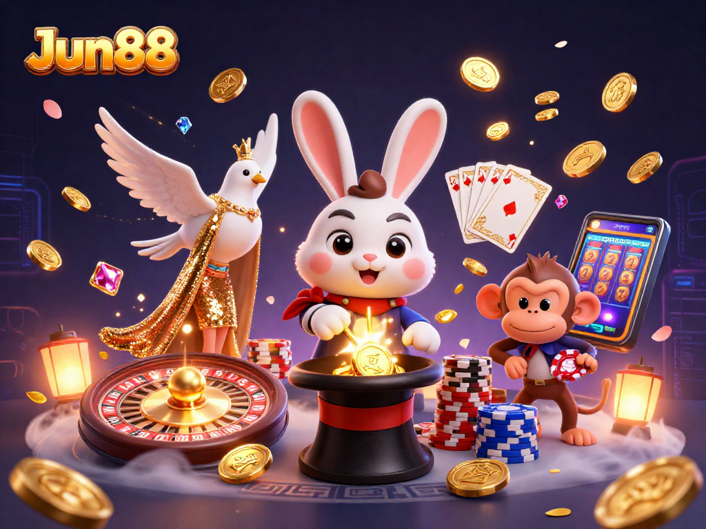 Experience Jun88's thrilling casino adventure with a magician rabbit, coins, and poker excitement.