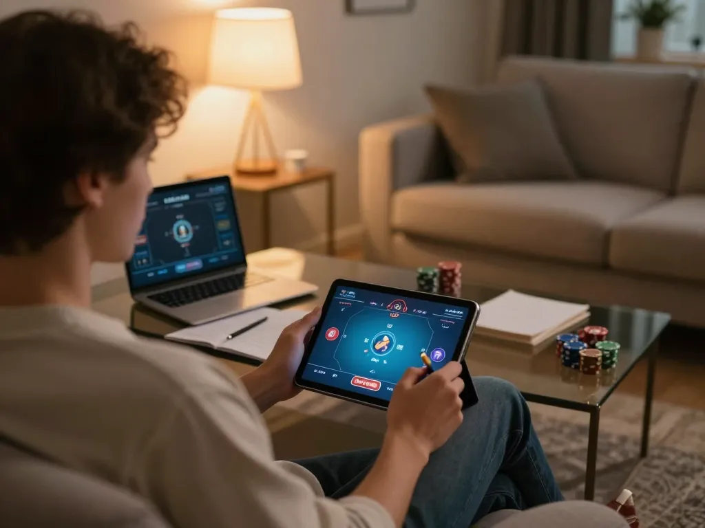 Person engaging in an online poker game at home with Hi88 interface, emphasizing strategic gameplay