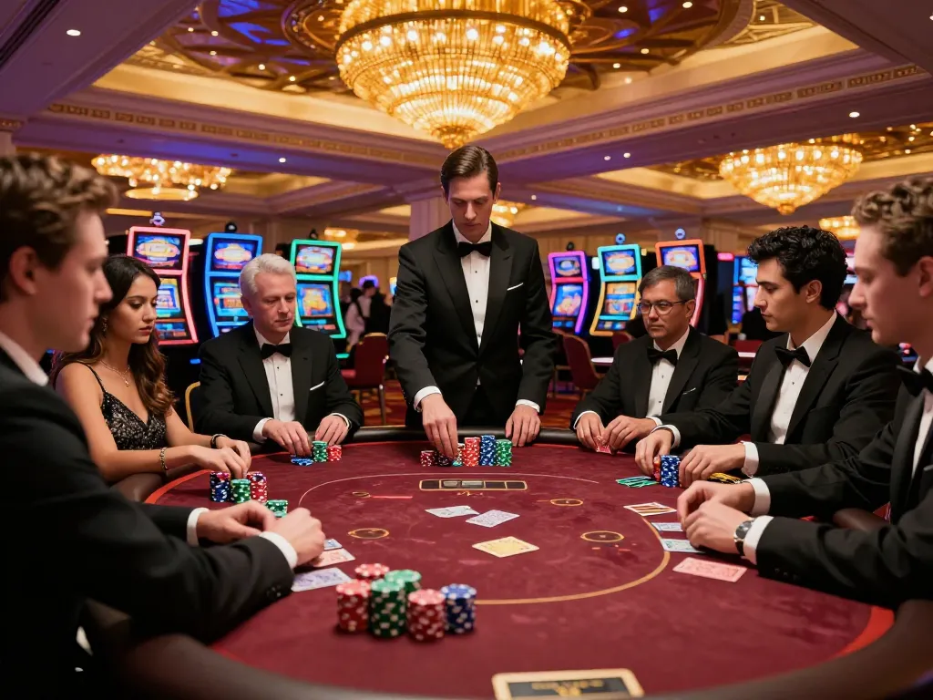 Twin68 engages players in a high-stakes poker game at an upscale Las Vegas casino, showcasing intense strategy.
