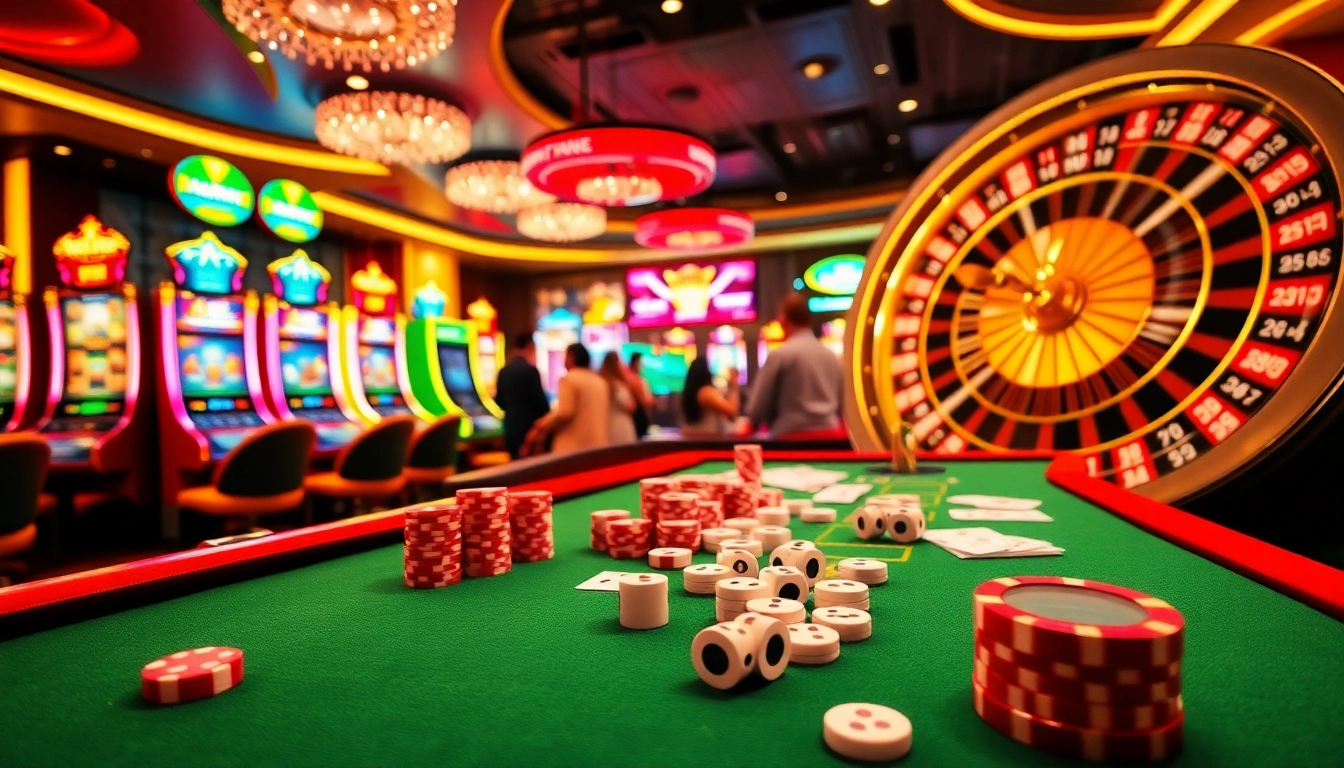Engage in exciting games at https://tg88.cafe/ with vibrant casino elements like poker chips and slot machines.
